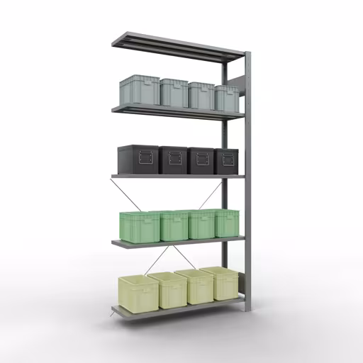 Andere Ansicht des Artikels Anbauregal, Eckregal (Feld C) 2000 x 1000 x 300, 5 Fachböden, Kreuzstrebe, verzinkt Andere Ansicht des Artikels Anbauregal, Eckregal (Feld C) 2000 x 1000 x 300, 5 Fachböden, Kreuzstrebe, verzinkt aus der Kategorie Stecksystem