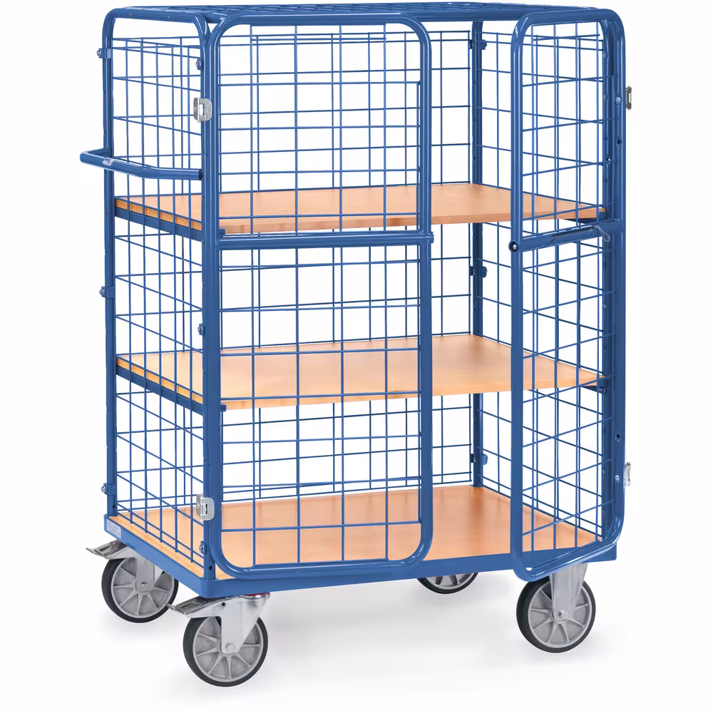 Etagenwagen 8481-3DE Länge 1000 mm, Breite 600 mm von der Marke Fetra Etagenwagen 3 Etagen Türen pulverbeschichtet blau RAL 5007, Schraubkonstruktion, Stirnwände und eine Längswand geschlossen Typ Ladeflächenlänge: 1000 mm aus der Kategorie Etagenwagen mit der Artikelnr. 8481-3DE