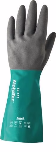 12 paires de gants chimiques AlphaTec 58-435, taille 9, vert/gris, conformes aux normes EN 388, EN 374 et EN 1149, catégorie III, de marque ANSELL. Gants chimiques AlphaTec 58-435 EN 388, EN 374, EN 1149 EPI Catégorie III ANSELL de la catégorie des gants de protection chimique avec la référence 4000371417