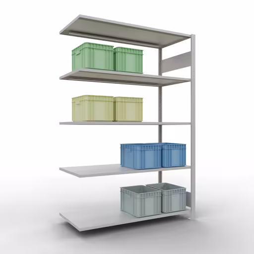 Anbauregal, Fachbodenregal Stecksystem MULTIplus150, 2000 x 1300 x 600 mm (HxBxT), 5 Fachböden, Längenriegel, RAL 7035 lichtgrau mit der GTIN 4004514293305 Anbauregal, Fachbodenregal Stecksystem MULTIplus150, 2000 x 1300 x 600 mm (HxBxT), 5 Fachböden, Längenriegel, RAL 7035 lichtgrau von Schulte Lagertechnik mit der Artikelnr. 32665-130-LR