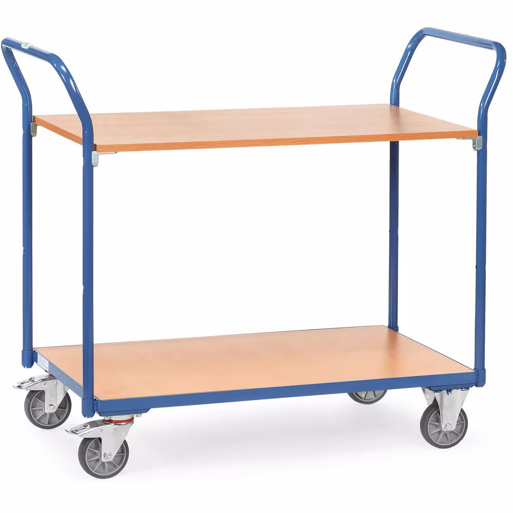 Tischwagen 200 kg 2 Etagen aus Profilstahl-/Stahlrohr-Schweißkonstruktion, pulverbeschichtet, brillantblau RAL 5007, 2 Böden aus Holzwerkstoffplatte aus der Kategorie Tischwagen