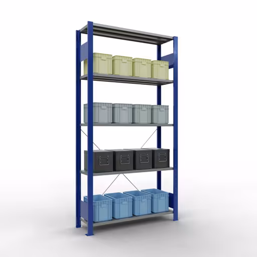 Grundregal, Fachbodenregal Stecksystem MULTIplus150, 2000 x 1000 x 300 mm (HxBxT), 5 Fachböden, Kreuzstrebe, RAL 5010/verzinkt von Schulte Lagertechnik mit der Artikelnr. 12630-B