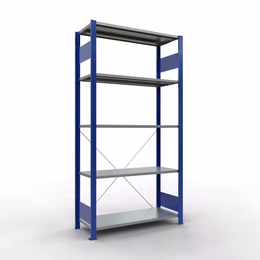 Grundregal, Fachbodenregal Stecksystem MULTIplus85, 2000 x 1000 x 400 mm (HxBxT), 5 Fachböden, Kreuzstrebe, RAL 5010 enzianblau aus der Kategorie Grundregal mit der Artikelnummer 13140-B