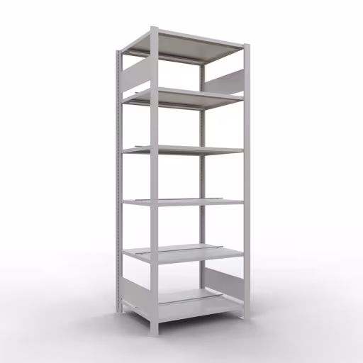 Abbildung Nr 9 des Artikels Grundregal, Büro-Fachbodenregal Stecksystem MULTIplus150, 2000 x 750 x 600 mm (HxBxT), 6 Fachböden, Längenriegel, mit Mittelanschlag, lichtgrau aus der Produktgruppe Büroregale von der Marke Schulte Lagertechnik