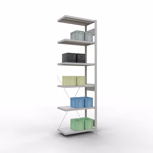 Produktbild Nr 13 des Artikels Anbauregal, Fachbodenregal Stecksystem MULTIplus250, 2500 x 750 x 400 mm (HxBxT), 6 Fachböden, Kreuzstrebe, RAL 7035 lichtgrau Abbildung Nr 13 des Artikels Anbauregal, Fachbodenregal Stecksystem MULTIplus250, 2500 x 750 x 400 mm (HxBxT), 6 Fachböden, Kreuzstrebe, RAL 7035 lichtgrau aus der Produktgruppe Stecksystem von der Marke Schulte Lagertechnik