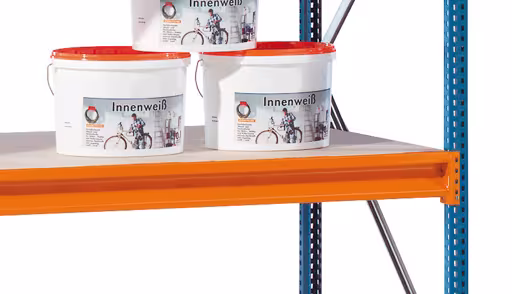 Andere Ansicht des Artikels Anbauregal, Weitspannregal mit Spanplatten W 100, 3000 x 1785 x 1200 mm, blau/orange/verzinkt, 5 Ebenen, Fachlast 670 kg aus der Kategorie Weitspannregale