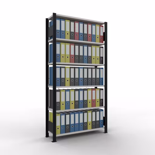 Abbildung Nr 12 des Artikels Grundregal, Büro-Fachbodenregal Stecksystem MULTIplus85, 2000 x 1000 x 300 mm (HxBxT), 6 Fachböden, Kreuzstrebe, mit Anschlagleiste, schwarz/lichtgrau aus der Produktgruppe Büroregale von der Marke Schulte Lagertechnik