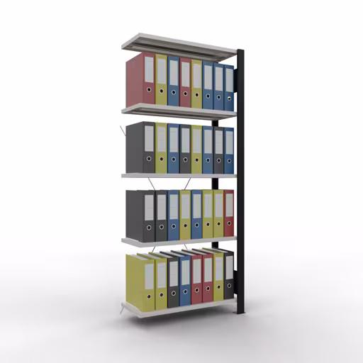 Abbildung Nr 16 des Artikels Anbauregal, Büro-Fachbodenregal Stecksystem MULTIplus85, 1800 x 750 x 300 mm (HxBxT), 5 Fachböden, Kreuzstrebe, ohne Anschlagleiste, schwarz/lichtgrau aus der Produktgruppe Büroregale von der Marke Schulte Lagertechnik