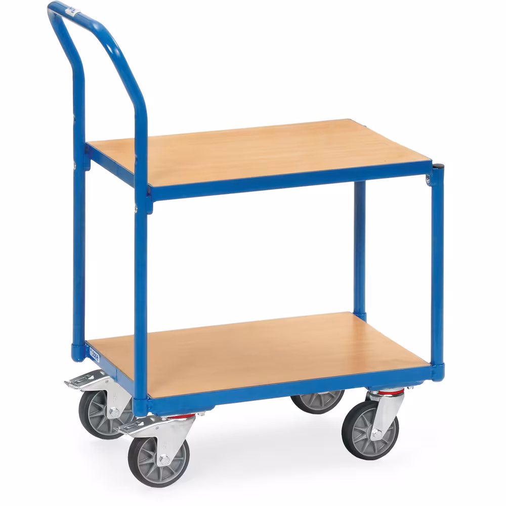 Etagenroller mit Rohrschiebebügel mit 2 Plattformen und Rohrschiebebügel, beide Rahmen mit Böden aus Holzwerkstoffplatte von der Marke Fetra aus der Produktreihe Transportsysteme