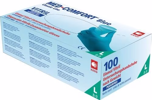 Gants jetables Med Comfort Blue Vitrile taille S, mélange de vinyle-nitrile bleu, boîte de 100, marque AMPRI. Gants jetables Med Comfort bleus en mélange vitril-vinyle-nitrile, conformes aux normes EN 420, EN 374 et EN 455, catégorie EPI III, boîte de 100 pièces AMPRI (référence 4000391102).
