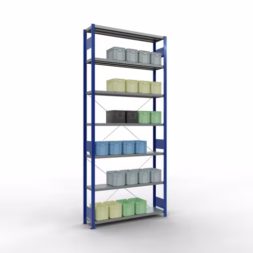 Abbildung Nr 7 des Artikels Grundregal, Fachbodenregal Stecksystem MULTIplus250, 3000 x 1300 x 300 mm (HxBxT), 7 Fachböden, Kreuzstrebe, RAL 5010 enzianblau/verzinkt aus der Produktgruppe Stecksystem von der Marke Schulte Lagertechnik