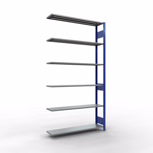 Anbauregal, Fachbodenregal Stecksystem MULTIplus150, 2500 x 1300 x 300 mm (HxBxT), 6 Fachböden, Längenriegel, RAL 5010 enzianblau/verzinkt aus der Kategorie Anbauregal mit der Artikelnummer 12736-130-LR-B