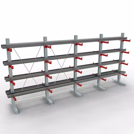 Abbildung Nr 11 des Artikels K 3000 Komplettregal, doppelseitig, 2500 x 5200 x 400 mm, RAL 7001 / RAL 3000, 5 Lagerebenen aus der Produktgruppe Kragarmregale von der Marke Schulte Lagertechnik