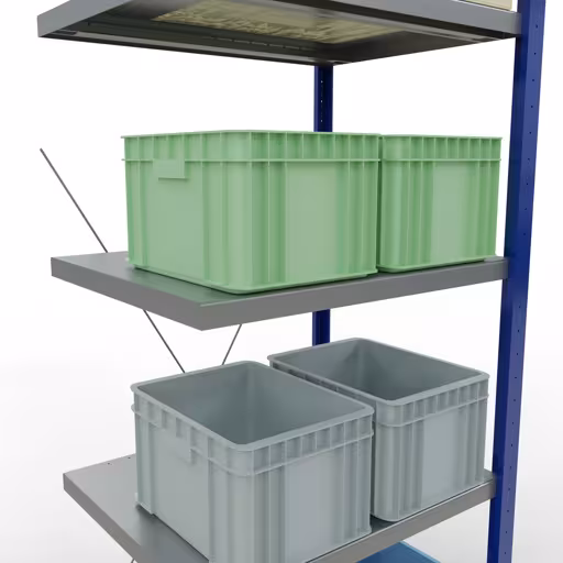 Zusatzbild des Artikels Anbauregal, Fachbodenregal Stecksystem MULTIplus250, 2000 x 750 x 600 mm (HxBxT), 5 Fachböden, Kreuzstrebe, RAL 5010 enzianblau/verzinkt/verzinkt aus Anbauregal