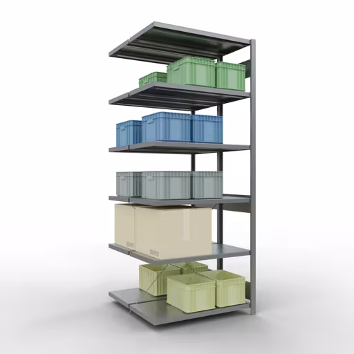 Anbauregal, Doppelregal, Fachbodenregal Stecksystem MULTIplus250, 2500 x 1000 x (2x500) mm (HxBxT), 2x6 Fachböden, Kreuzstrebe, verzinkt mit der GTIN 4004514286147 Anbauregal, Doppelregal, Fachbodenregal Stecksystem MULTIplus250, 2500 x 1000 x (2x500) mm (HxBxT), 2x6 Fachböden, Kreuzstrebe, verzinkt von Schulte Lagertechnik mit der Artikelnr. 14256-A