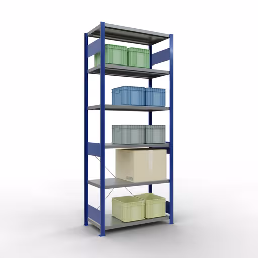 Grundregal, Fachbodenregal Stecksystem MULTIplus330, 2500 x 1000 x 500 mm (HxBxT), 6 Fachböden, Kreuzstrebe, RAL 5010 enzianblau/verzinkt von der Marke Schulte Lagertechnik aus der Produktreihe Stecksystem