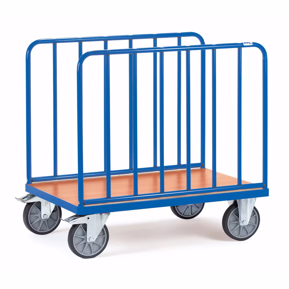 Längswandwagen aus Stahlrohr und Profilstahl geschweißt, pulverbeschichtet brillantblau RAL 5007, Plattform Holzwerkstoffplatte, Oberfläche Buchendekor aus der Kategorie Wagen