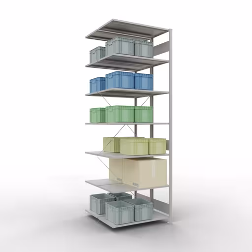 Anbauregal, Doppelregal, Fachbodenregal Stecksystem MULTIplus150, 3000 x 1000 x (2x1000) mm (HxBxT), 2x7 Fachböden, Kreuzstrebe, RAL 7035 lichtgrau mit der GTIN 4058255035243 Anbauregal, Doppelregal, Fachbodenregal Stecksystem MULTIplus150, 3000 x 1000 x (2x1000) mm (HxBxT), 2x7 Fachböden, Kreuzstrebe, RAL 7035 lichtgrau von Schulte Lagertechnik mit der Artikelnr. 32757