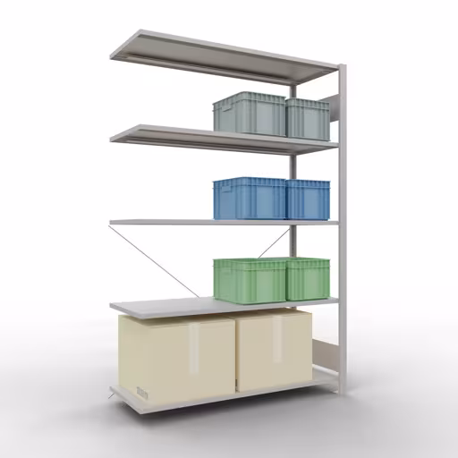 Stecksystem Anbauregal 2000x1300x500 mm, Typ 150 kg, lichtgrau mit der GTIN 4004514293077 Stecksystem Anbauregal 2000x1300x500 mm, Typ 150 kg, lichtgrau von Schulte Lagertechnik mit der Artikelnr. 32655-130