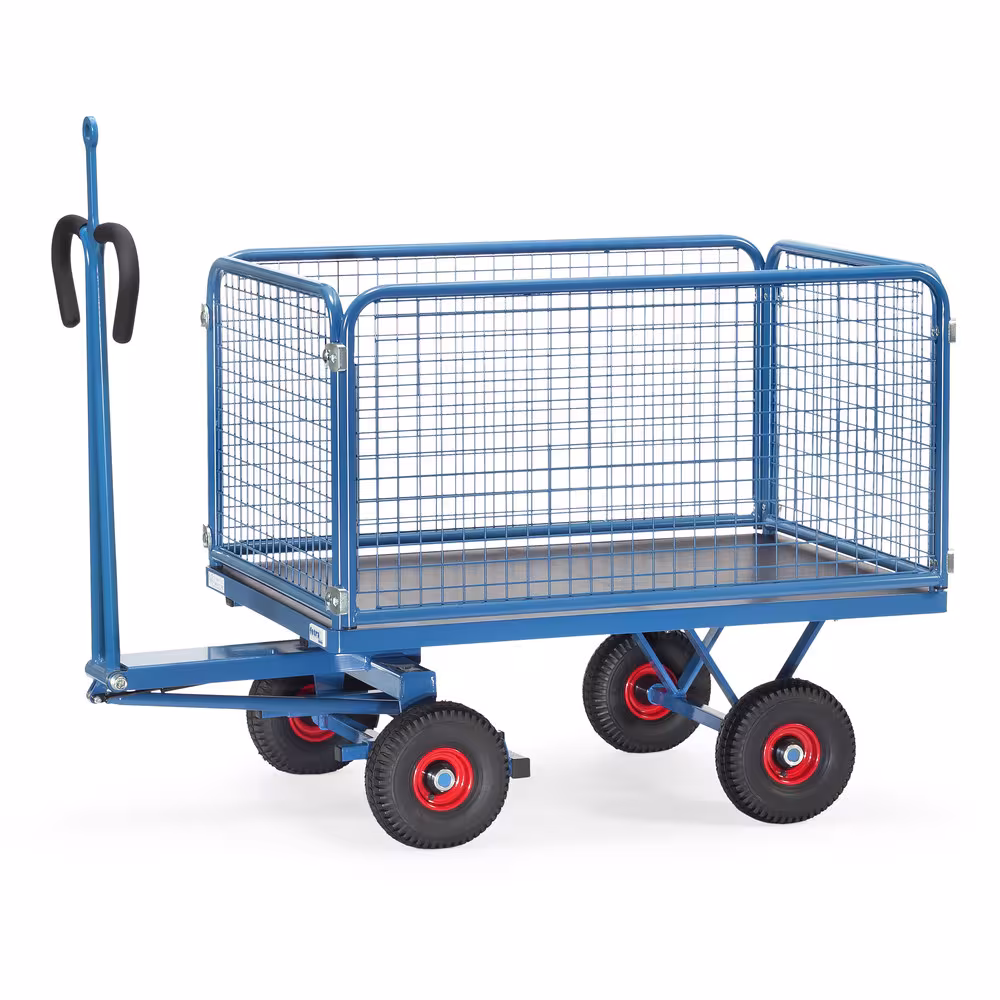 Handpritschenwagen Drahtgitter 600 mm mit Zugöse , 4 Eckhülsen, Drehschemel-Lenkung mit Kugelkranz, Scherendeichsel mit Sicherheits-Handgriff aus der Kategorie Handwagen/Pritschenwagen