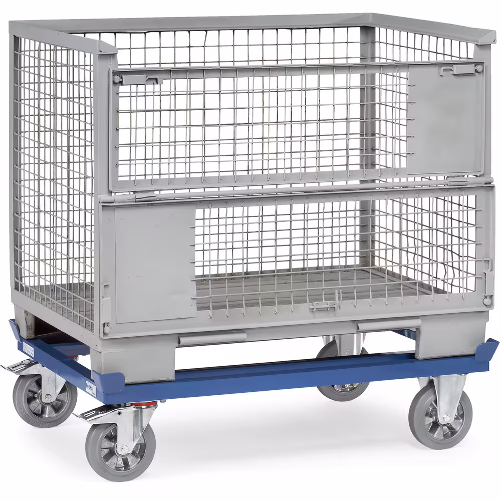 Paletten-Fahrgestell - für Flachpaletten und Gitterboxen, robuste Winkelstahl-Schweißkonstruktion, mit 4 Fangecken, pulverbeschichtet, blau RAL 5007 Ausführung Ladeflächenbreite: 610 mm mit der GTIN 4017976228099 Paletten-Fahrgestell 22809 - Elastic-Vollgummi Breite 610 mm, Länge 810 mm von Fetra mit der Artikelnr. 22809