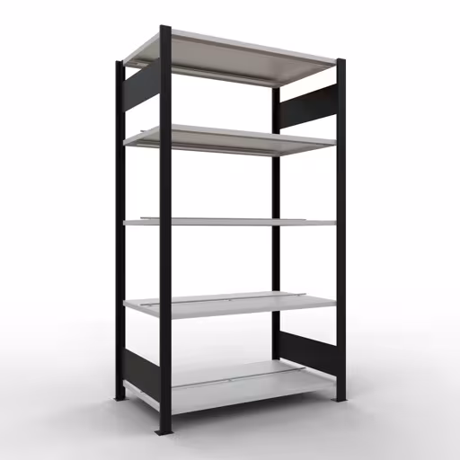 Grundregal, Büro-Fachbodenregal Stecksystem MULTIplus150, 1800 x 1000 x 600 mm (HxBxT), 5 Fachböden, Längenriegel, mit Mittelanschlag, schwarz/lichtgrau aus der Kategorie Stecksystem mit der Artikelnummer 36037-S
