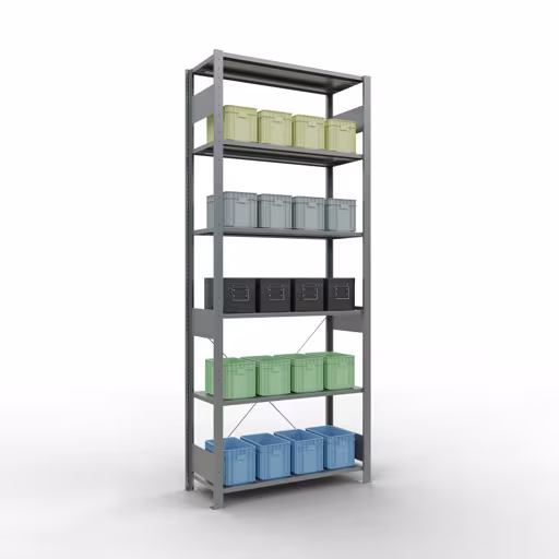 Produktbild Nr 14 des Artikels Grundregal, Fachbodenregal Stecksystem MULTIplus85, 2500 x 1000 x 400 mm (HxBxT), 6 Fachböden, Kreuzstrebe, verzinkt Abbildung Nr 14 des Artikels Grundregal, Fachbodenregal Stecksystem MULTIplus85, 2500 x 1000 x 400 mm (HxBxT), 6 Fachböden, Kreuzstrebe, verzinkt aus der Produktgruppe Stecksystem von der Marke Schulte Lagertechnik