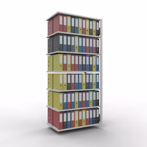 Anbauregal, Büro-Fachbodenregal Stecksystem MULTIplus150, 2300 x 1000 x 600 mm (HxBxT), 7 Fachböden, Längenriegel, mit Mittelanschlag, lichtgrau von Schulte Lagertechnik mit der Artikelnr. 36052