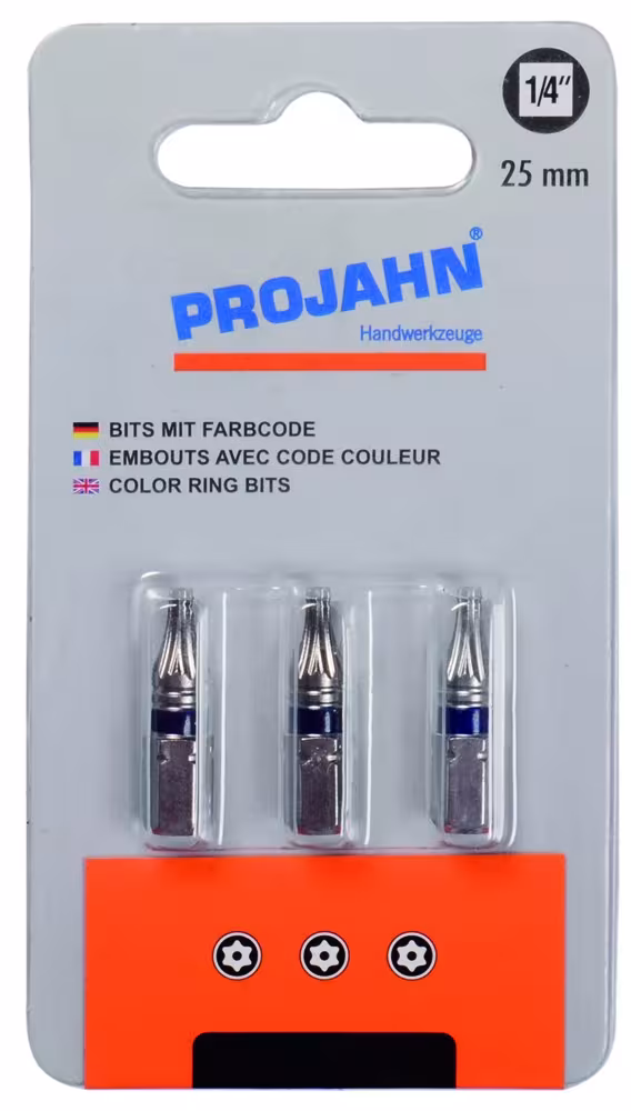 1/4" markierter Bit L25 mm TX mit Bohrung T10 3er Pack von der Marke PROJAHN Color-Ring Bit für Innen-TX-Schrauben mit Sicherungsstift 6,3 Typ Variante: 1/4" markierter Bit L25 mm TX mit Bohrung T10 3er Pack aus der Kategorie Bits & Bithalter mit der Artikelnr. 1751-03