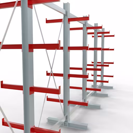 Abbildung Nr 12 des Artikels K 3000 Komplettregal, doppelseitig, 2500 x 6500 x 400 mm, RAL 7001 / RAL 3000, 5 Lagerebenen aus der Produktgruppe Kragarmregale von der Marke Schulte Lagertechnik