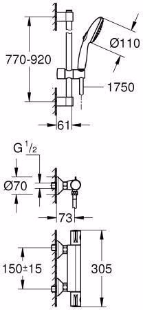 Technische Zeichnung 4077137 GROHE Thermostat-Brausebatterie Grohtherm 800 34566_2 mit Brausegarnitur 900 mm chrom