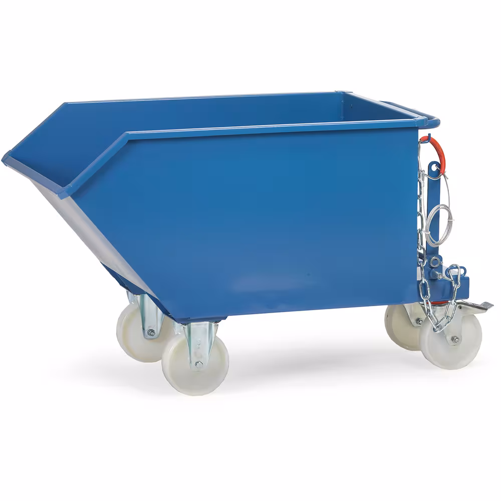 Produktgruppe Kippbehälter mit ABLASSHAHN dicht verschweißt, pulverbeschichtet blau RAL 5007, serienmäßig mit Staplertaschen Kippbehälter 6230 mit ABLASSHAHN Inhalt 300 Liter von der Marke Fetra aus der Kategorie Transportsysteme