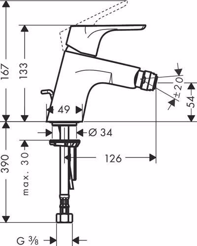Technische Zeichnung 4039205 Hansgrohe Einhebel-Bidetmischer FOCUS Nennweite 15 mit Zugstangen-Ablaufgarnitur G 1 1/4 Zoll chrom