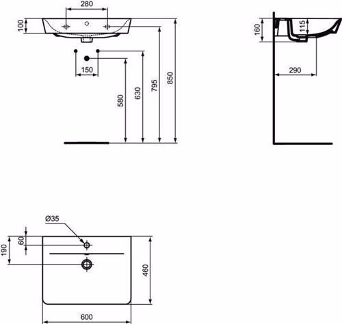 Waschtisch Connect Air weiß 600x460x160mm 1 Hahnloch, mit Überlauf IDEAL STANDARD