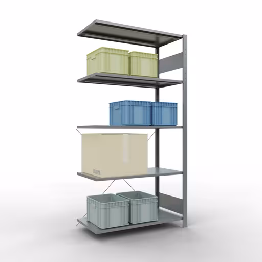 Anbauregal, Fachbodenregal Stecksystem MULTIplus85, 2000 x 1000 x 500 mm (HxBxT), 5 Fachböden, Kreuzstrebe, verzinkt aus der Kategorie Anbauregal mit der GTIN 4004514215765 Anbauregal, Fachbodenregal Stecksystem MULTIplus85, 2000 x 1000 x 500 mm (HxBxT), 5 Fachböden, Kreuzstrebe, verzinkt von der Marke Schulte Lagertechnik aus der Produktreihe Stecksystem