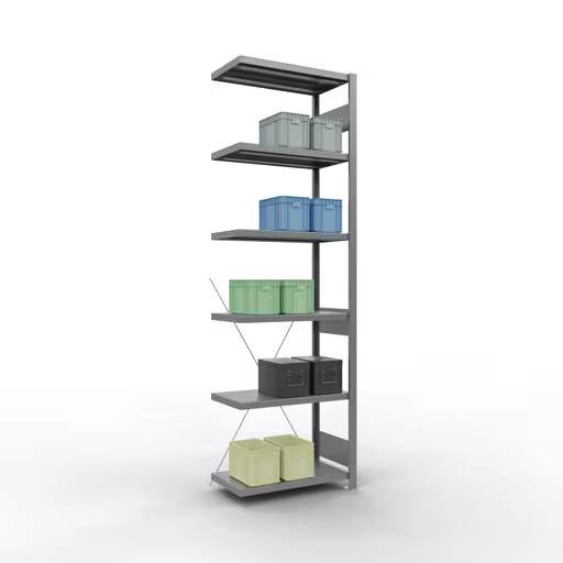 Anbauregal, Fachbodenregal Stecksystem MULTIplus250, 2500 x 750 x 400 mm (HxBxT), 6 Fachböden, Kreuzstrebe, verzinkt aus der Kategorie Anbauregal mit der GTIN 4004514237767 Anbauregal, Fachbodenregal Stecksystem MULTIplus250, 2500 x 750 x 400 mm (HxBxT), 6 Fachböden, Kreuzstrebe, verzinkt von der Marke Schulte Lagertechnik aus der Produktreihe Stecksystem