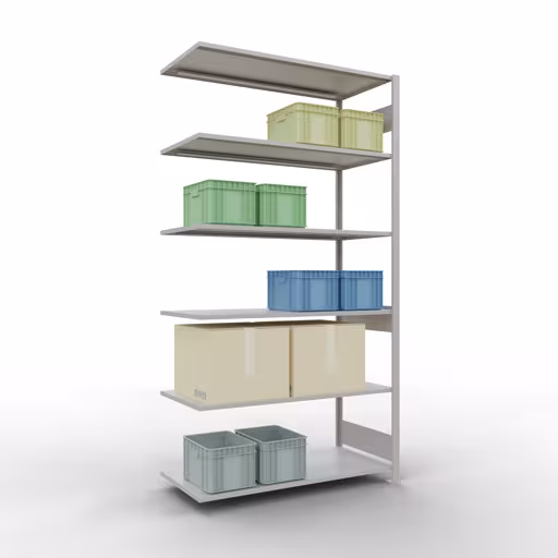 Anbauregal, Fachbodenregal Stecksystem MULTIplus150, 2500 x 1300 x 600 mm (HxBxT), 6 Fachböden, Längenriegel, RAL 7035 lichtgrau mit der Artikelnr. 32666-130-LR Anbauregal, Fachbodenregal Stecksystem MULTIplus150, 2500 x 1300 x 600 mm (HxBxT), 6 Fachböden, Längenriegel, RAL 7035 lichtgrau von Schulte Lagertechnik aus der Kategorie Stecksystem