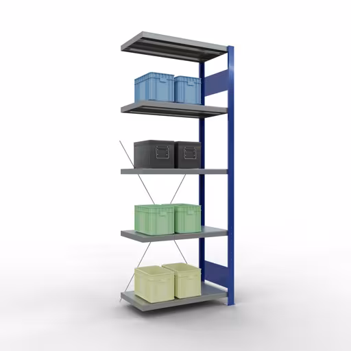 Anbauregal, Fachbodenregal Stecksystem MULTIplus250, 2000 x 750 x 400 mm (HxBxT), 5 Fachböden, Kreuzstrebe, RAL 5010 enzianblau/verzinkt/verzinkt von Schulte Lagertechnik mit der Artikelnr. 12945-75-B