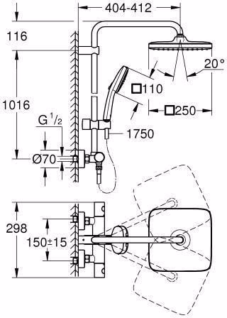 Technische Zeichnung 4037132 GROHE Duschsystem Tempesta 250 Cube 26689_1 Brause-Thermostatbatterie Kopfbrause Tempesta 250 Cube chrom