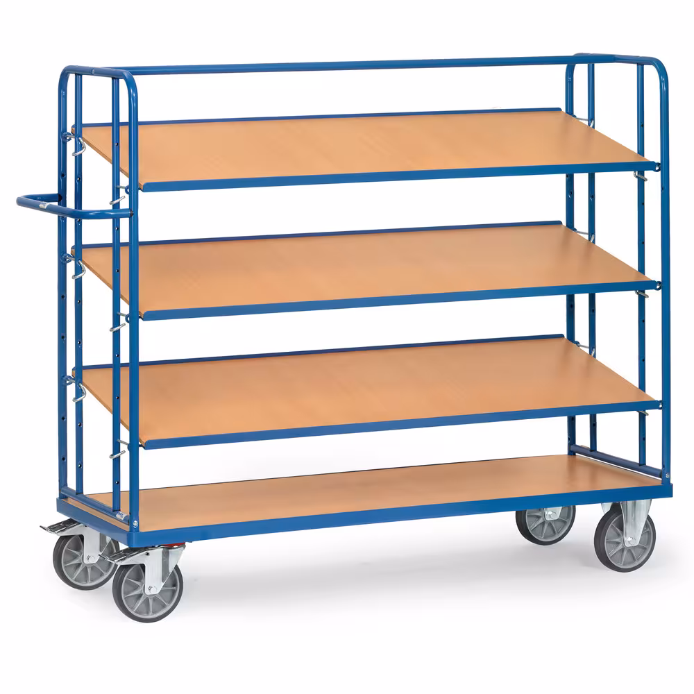 Etagenwagen 4255 mit 4 Böden Breite 610 mm, Länge 1250 mm von der Marke Fetra Etagenwagen neigbar 4 Etagen Stahlrohr-/Profilstahl-Konstruktion, pulverbeschichtet RAL 5007 Typ Ladeflächenbreite: 610 mm aus der Kategorie Etagenwagen mit der Artikelnr. 4255