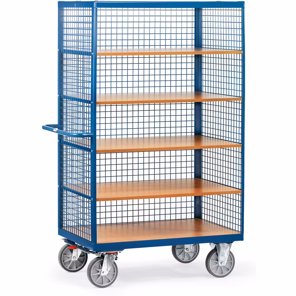 Kastenwagen offen Gitterwänden Winkelstahl-Konstruktion mit Rohrschiebegriff, Stirnwände, 1 Längswand und Dach mit Drahtgitter 40 x 40 x 4 mm verkleidet aus der Kategorie Etagenwagen
