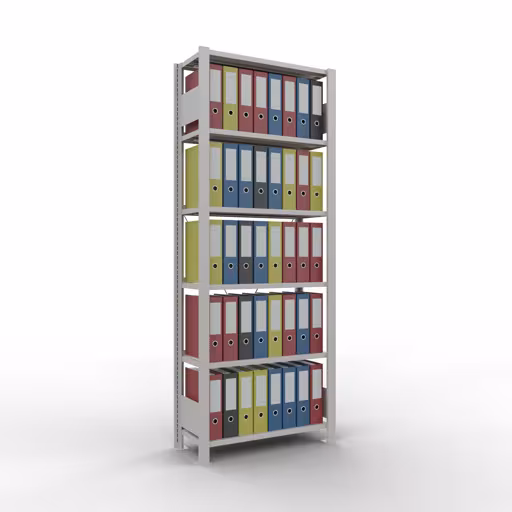 Grundregal, Büro-Fachbodenregal Stecksystem MULTIplus85, 2000 x 750 x 300 mm (HxBxT), 6 Fachböden, Kreuzstrebe, mit Anschlagleiste, lichtgrau von der Marke Schulte Lagertechnik aus der Produktreihe Büroregale