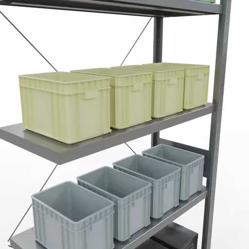 Produktbild Nr 13 des Artikels Anbauregal, Fachbodenregal Stecksystem MULTIplus330, 3000 x 1000 x 400 mm (HxBxT), 7 Fachböden, Kreuzstrebe, verzinkt Abbildung Nr 13 des Artikels Anbauregal, Fachbodenregal Stecksystem MULTIplus330, 3000 x 1000 x 400 mm (HxBxT), 7 Fachböden, Kreuzstrebe, verzinkt aus der Produktgruppe Stecksystem von der Marke Schulte Lagertechnik