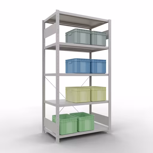 Grundregal, Fachbodenregal Stecksystem MULTIplus250, 2000 x 1000 x 600 mm (HxBxT), 5 Fachböden, Kreuzstrebe, RAL 7035 lichtgrau mit der GTIN 4004514203991 Grundregal, Fachbodenregal Stecksystem MULTIplus250, 2000 x 1000 x 600 mm (HxBxT), 5 Fachböden, Kreuzstrebe, RAL 7035 lichtgrau von Schulte Lagertechnik mit der Artikelnr. 32860