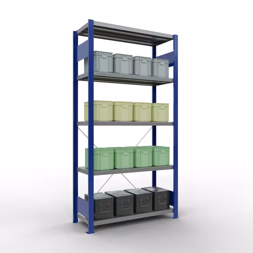 Grundregal, Fachbodenregal Stecksystem MULTIplus330, 2000 x 1000 x 400 mm (HxBxT), 5 Fachböden, Kreuzstrebe, RAL 5010 enzianblau/verzinkt von Schulte Lagertechnik mit der Artikelnr. 13940-B