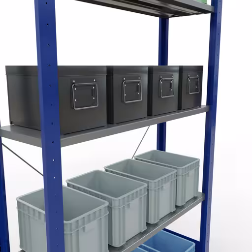 Produktbild Nr 13 des Artikels Grundregal, Fachbodenregal Stecksystem MULTIplus85, 2000 x 1000 x 300 mm (HxBxT), 5 Fachböden, Kreuzstrebe, RAL 5010 enzianblau Abbildung Nr 13 des Artikels Grundregal, Fachbodenregal Stecksystem MULTIplus85, 2000 x 1000 x 300 mm (HxBxT), 5 Fachböden, Kreuzstrebe, RAL 5010 enzianblau aus der Produktgruppe Stecksystem von der Marke Schulte Lagertechnik