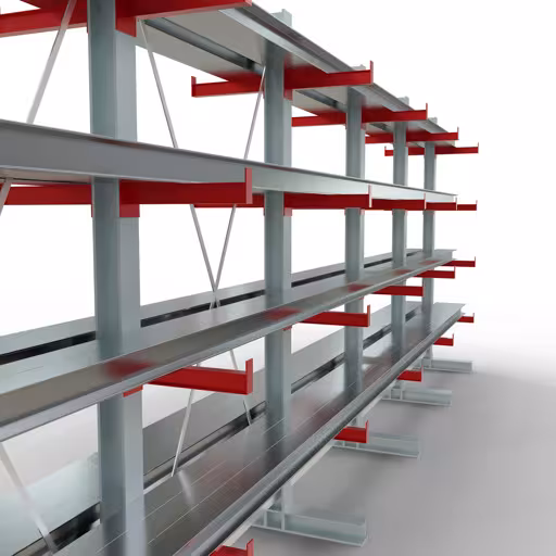 K 3000 Komplettregal, doppelseitig, 2500 x 6500 x 400 mm, RAL 7001 / RAL 3000, 5 Lagerebenen aus der Kategorie K3000 für mittelschwere Güter mit der GTIN 4058255001545 K 3000 Komplettregal, doppelseitig, 2500 x 6500 x 400 mm, RAL 7001 / RAL 3000, 5 Lagerebenen von der Marke Schulte Lagertechnik aus der Produktreihe Kragarmregale