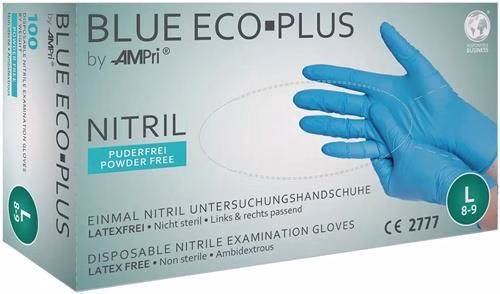 Gants jetables en nitrile bleu Eco Plus, conformes aux normes EN 374, EN 455 et EN 21420, catégorie EPI I, boîte de 100 pièces, marque AMPRI, référence 4000371520.