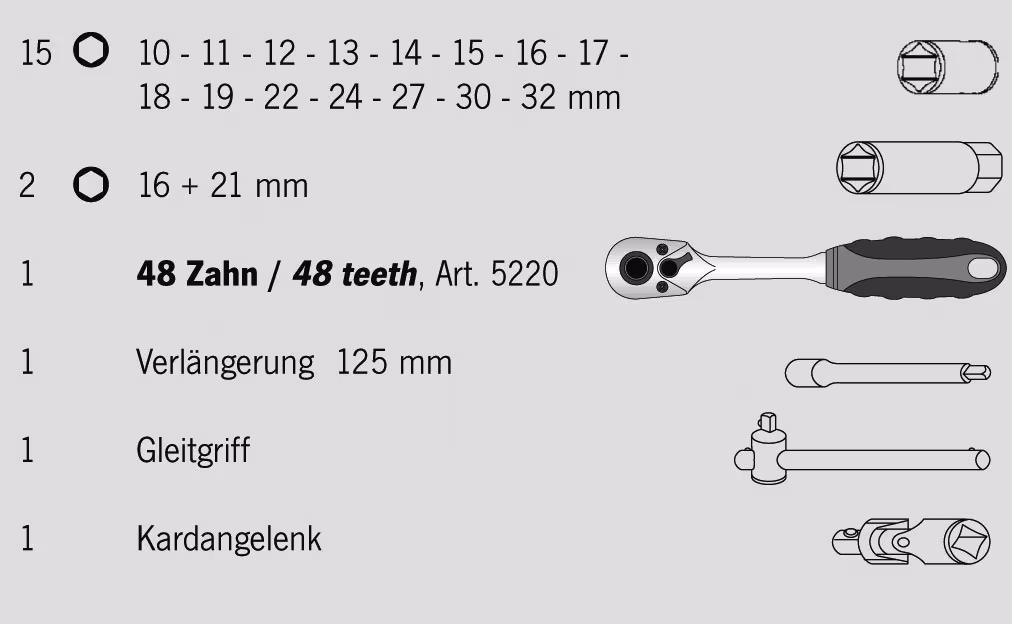 1/2" Steckschlüssel Satz 22tlg proficraft, 72 Zahn Knarre von der Marke PROJAHN aus der Kategorie Handwerkzeuge