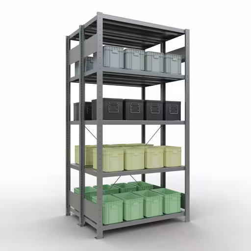 Grundregal, Doppelregal, Fachbodenregal Stecksystem MULTIplus250, 2000 x 1000 x (2x400) mm (HxBxT), 2x5 Fachböden, Kreuzstrebe, verzinkt mit der Artikelnr. 14240-G Grundregal, Doppelregal, Fachbodenregal Stecksystem MULTIplus250, 2000 x 1000 x (2x400) mm (HxBxT), 2x5 Fachböden, Kreuzstrebe, verzinkt von Schulte Lagertechnik aus der Kategorie Fachbodenregale